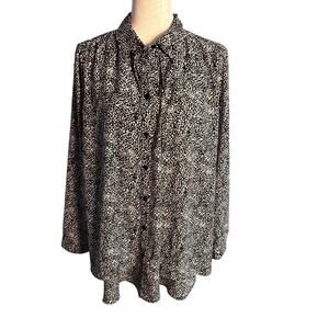 Chico's Womens 2, L, 14 Black White Safari Dots Button Layered Blouse Shirt